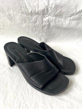 y2k Tommy Hilfiger sandals black leather slide block heel womens 8.5 chunky shoe